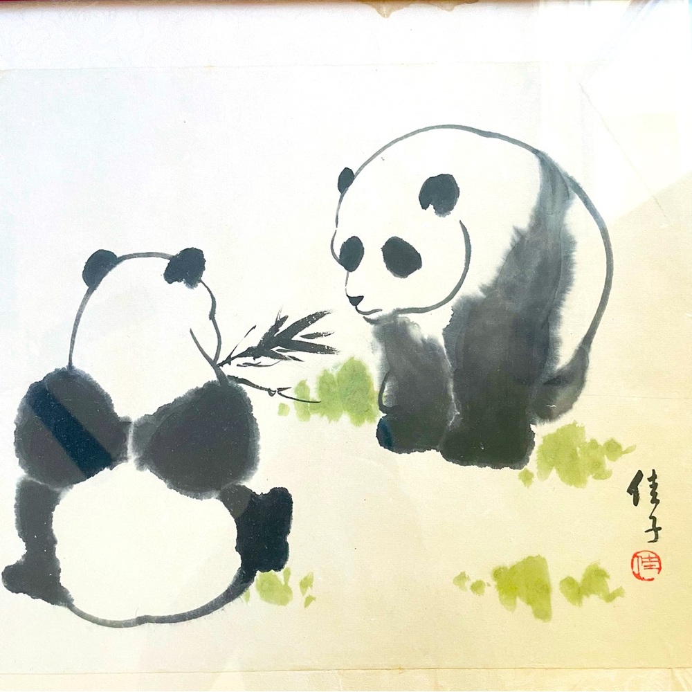 Vintage Chinese Panda Bear Watercolor-Framed & Matted